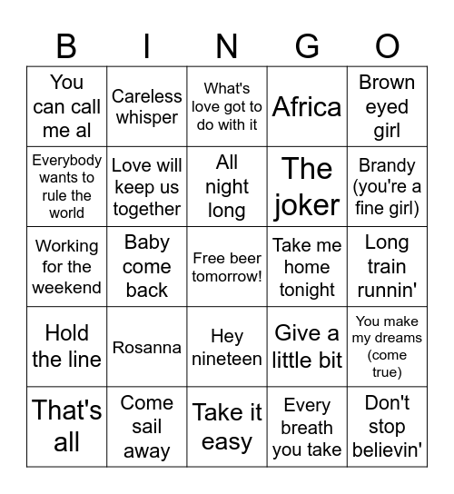 Yacht Rock Bingo Card