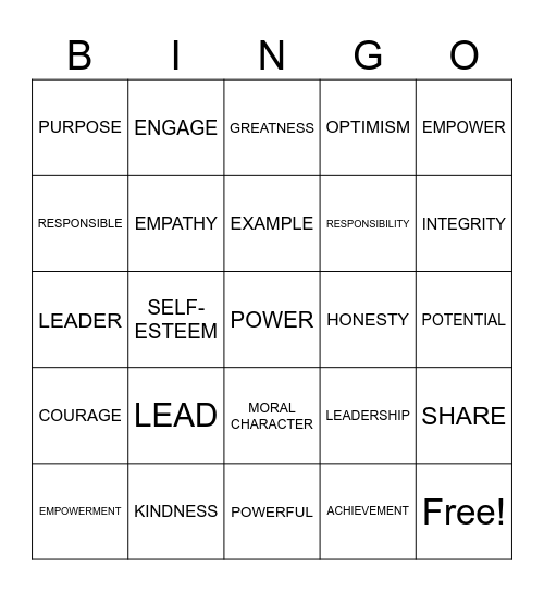 FCCLA- Lead by Example Bingo Card