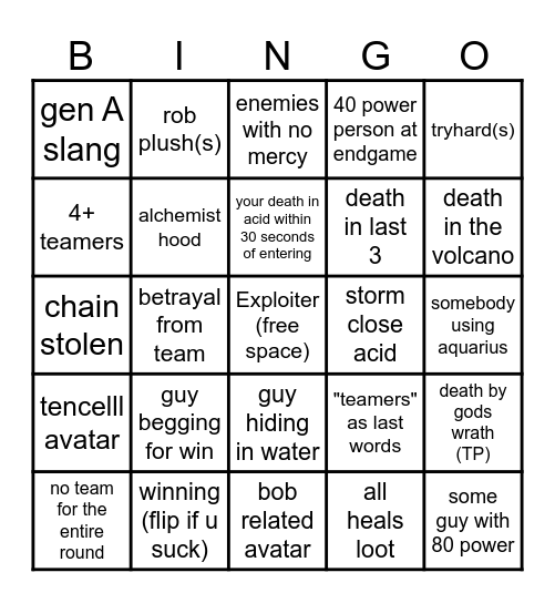 Slap Royale Bingo Card