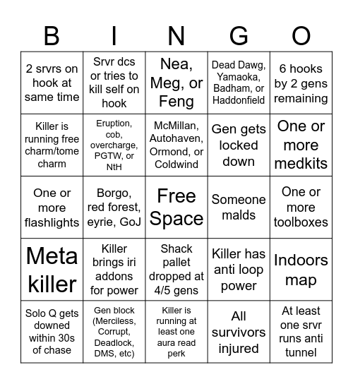 Dead By Daylight Bingo Card