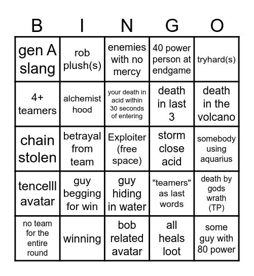 Slap Royale Bingo Card