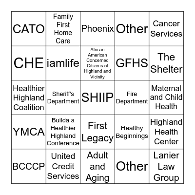 2016 Building a Healthier Highland Conference Bingo Card