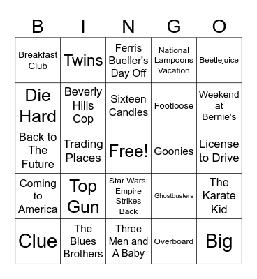 80's Movie Bingo Card