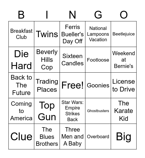 80's Movie Bingo Card