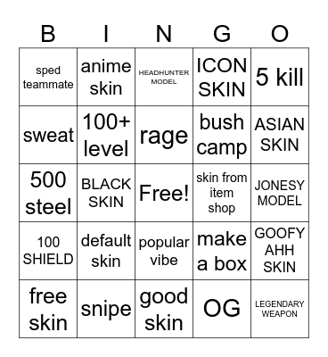 fortnite bingo Card