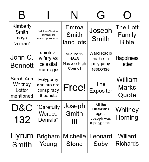 Polygamy Bingo Night Bingo Card