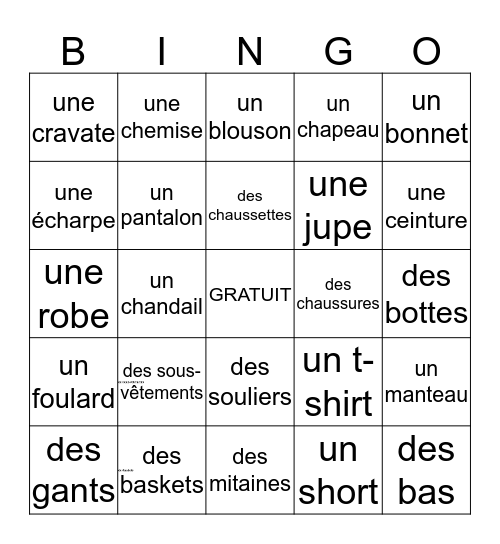 Les vêtements Bingo Card