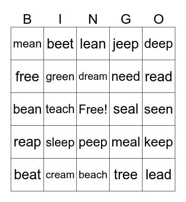 /ea/ & /ee/ Long e Words Bingo Card