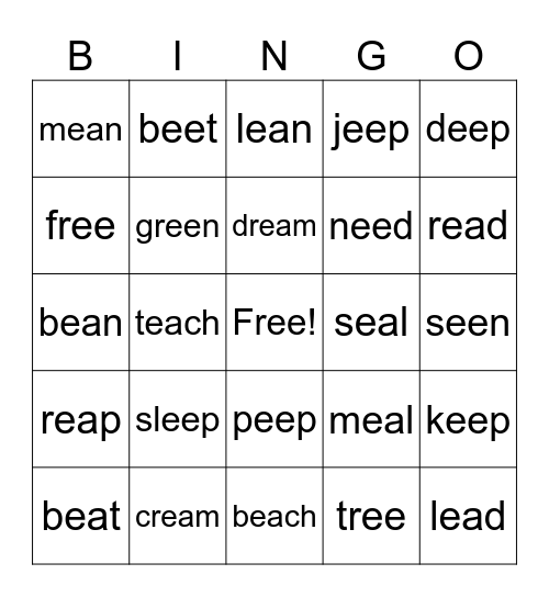 /ea/ & /ee/ Long e Words Bingo Card
