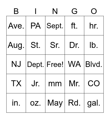 Abbreviation Bingo Card