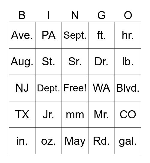 Abbreviation Bingo Card