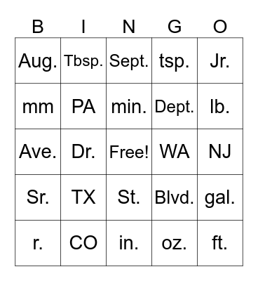 Abbreviation Bingo Card