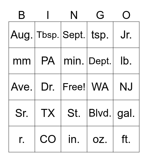 Abbreviation Bingo Card