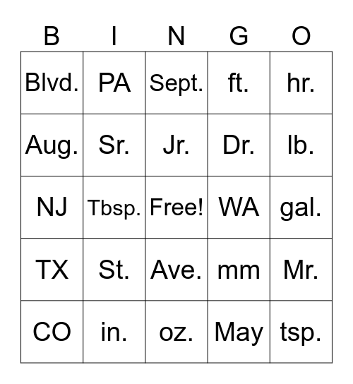 Abbreviation Bingo Card