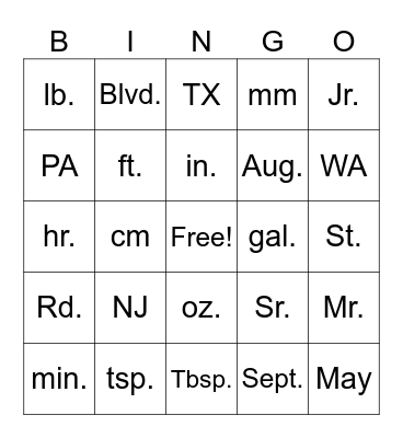 Abbreviation Bingo Card