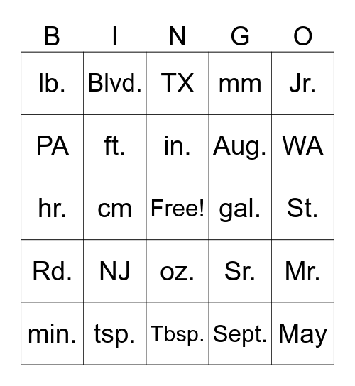 Abbreviation Bingo Card