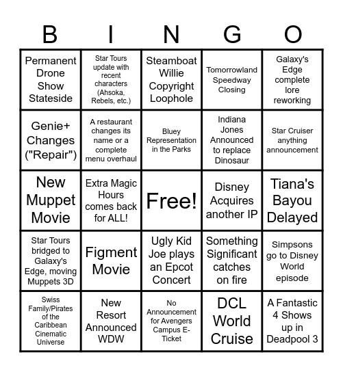 2024 Disney Bingo Card Bingo Card