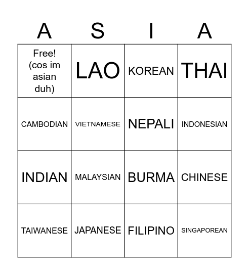 Asian Men Flavours Bingo Card