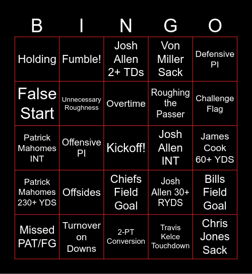 Chiefs @ Bills Divisional Round Bingo Card