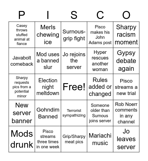 Pisscord PISCO Bingo Card