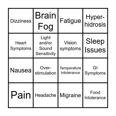 Chronic Illness Symptom Bingo Card