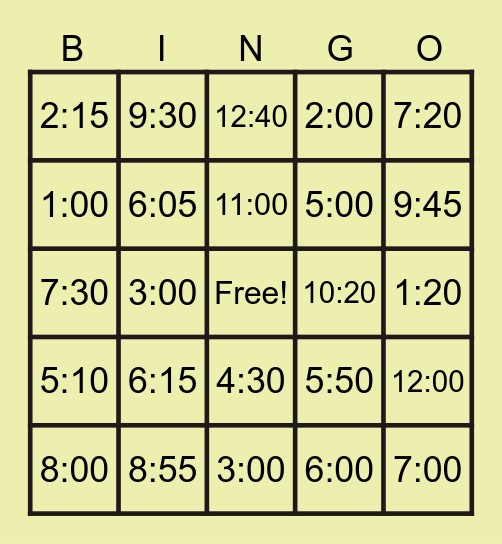 DIGITAL TIME BINGO Card