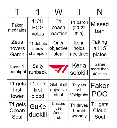 LCK T1ngo Bingo Card