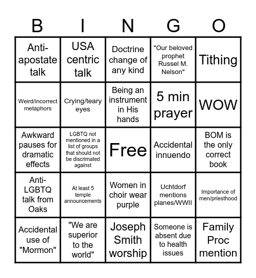 General Conference 2024 Bingo Card