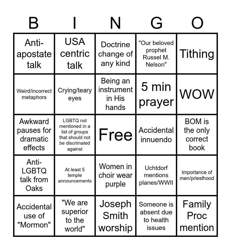 General Conference 2024 Bingo Card