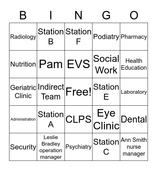 Settegast Health Center Bingo Card