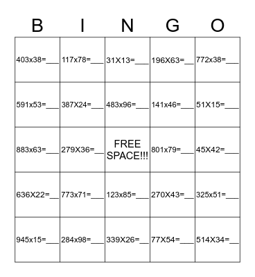 Multiplication (3 digit numbers) Bingo Card