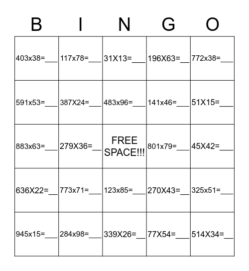 Multiplication (3 digit numbers) Bingo Card
