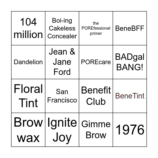 Benefit Cosmetics Bingo Card