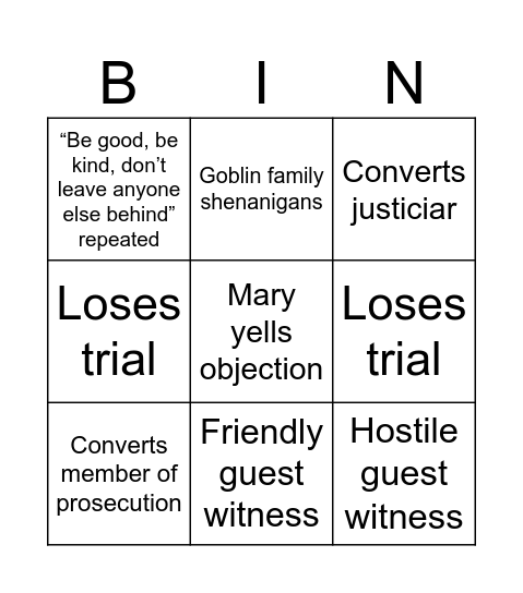 Mary Trial Bingo Card