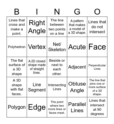 Shape and Space Bingo Card