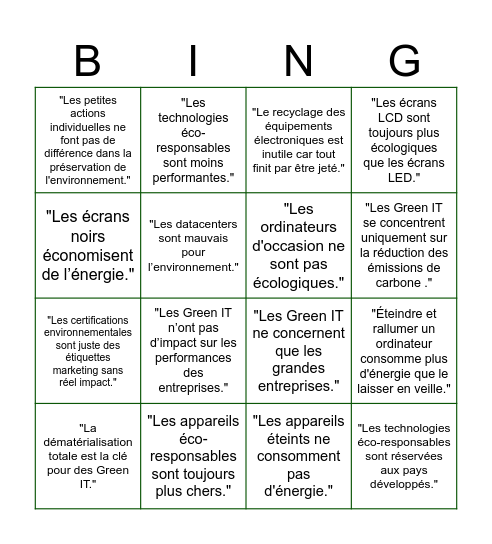 Green IT Bingo Card