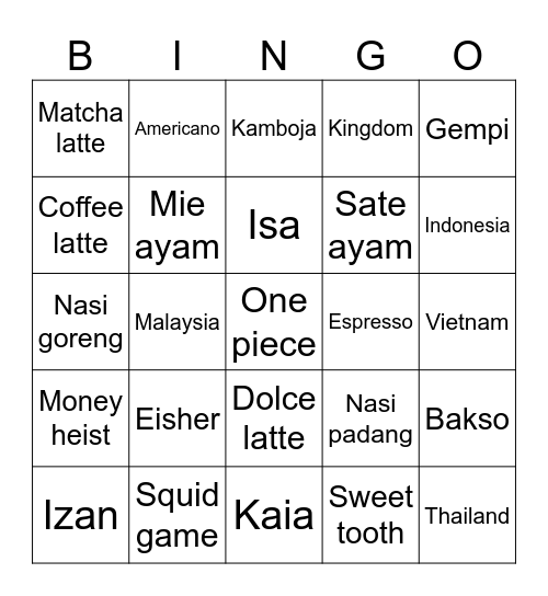Kailash Bingo Card