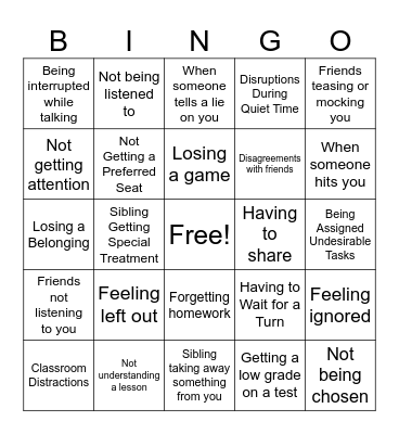 Causes of My Anger Bingo Card