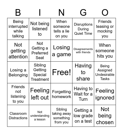 Causes of My Anger Bingo Card