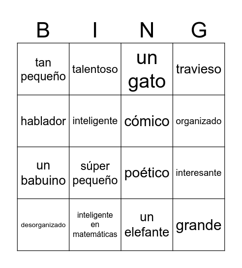 Edi el elefante Capítulo 3: Los Adjetivos Bingo Card