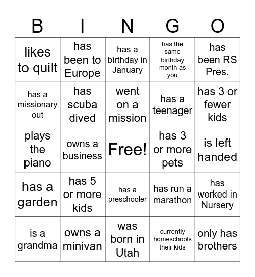 Mingle Bingo Card