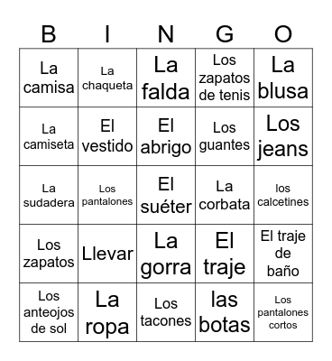 La Ropa Bingo Card