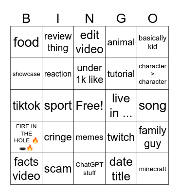 Youtube video! Bingo Card