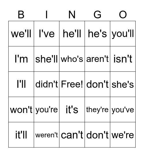 Contractions Bingo Card