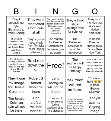 Bessie Coleman and King Sejong Bingo Board Bingo Card