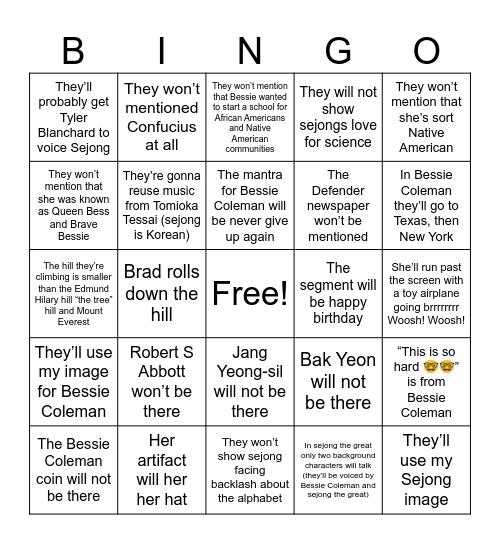 Bessie Coleman and King Sejong Bingo Board Bingo Card