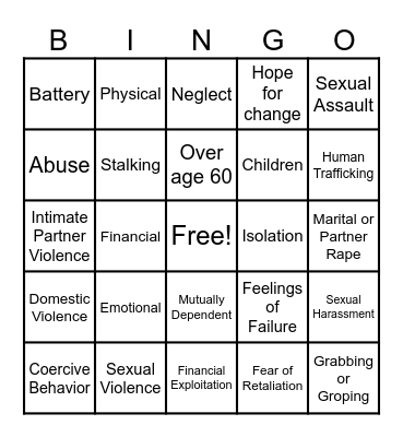 Domestic Violence/ Sexual Assault 101 Bingo Card