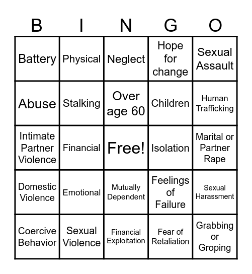 Domestic Violence/ Sexual Assault 101 Bingo Card