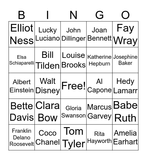 1920s Celebrity Bingo Card