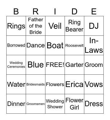 Erica's Wedding Shower Bingo Card